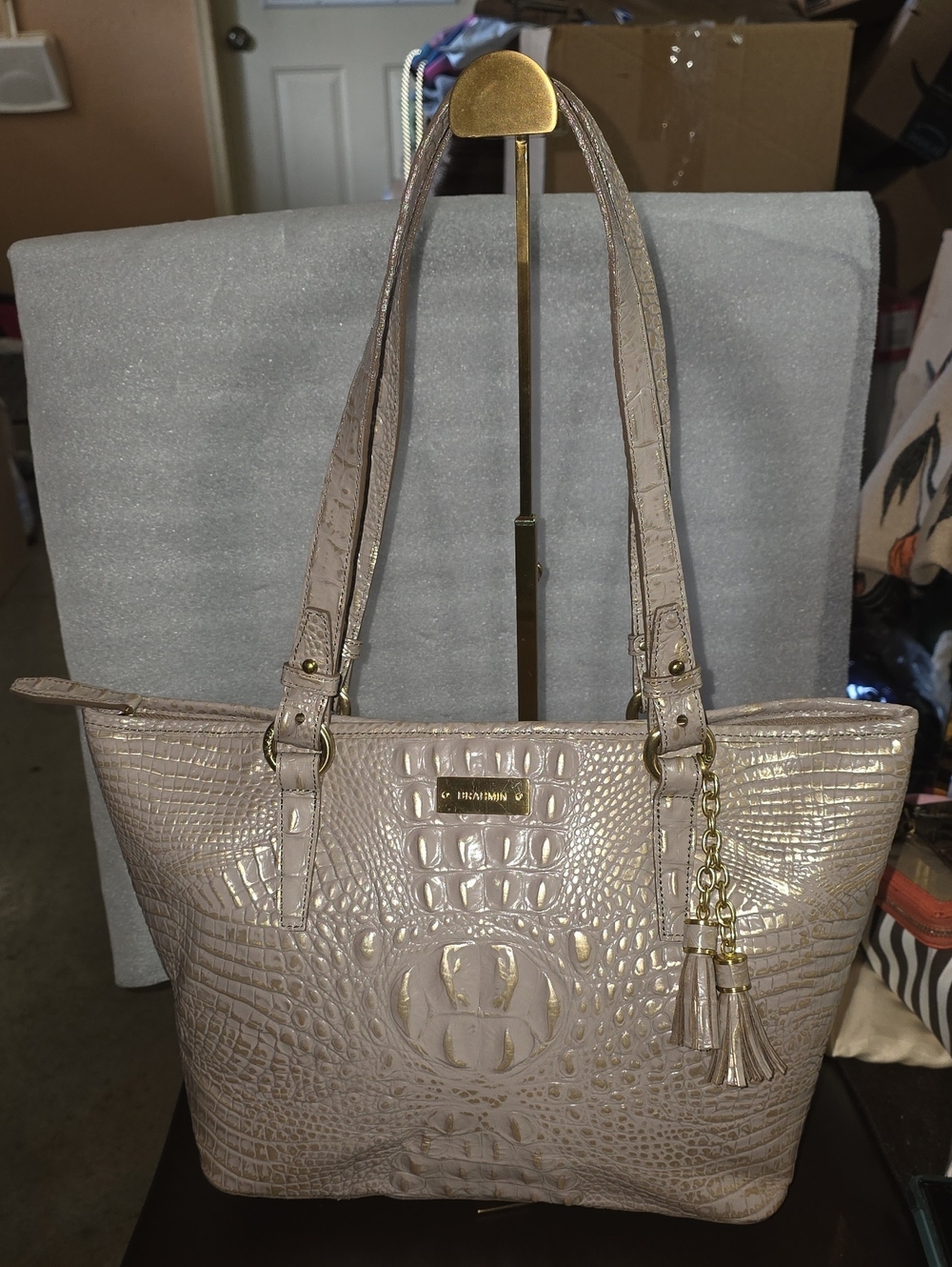 Brahmin Golden Taupe Croc-Embossed  Leather Tote w/ Tassel Charm